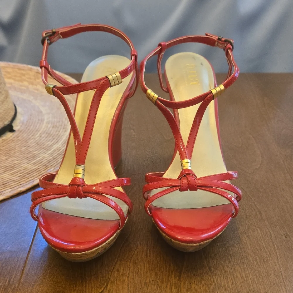 a.n.a Red High Heeled Sandals with T-Strap Design